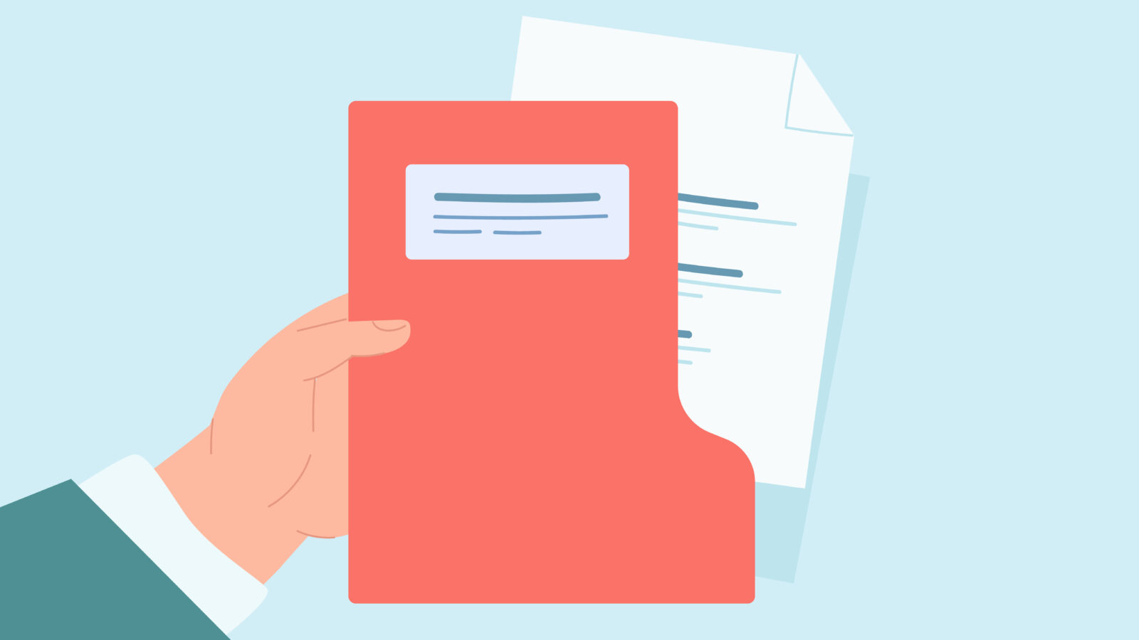 Male hand holding folder with documents flat vector illustration